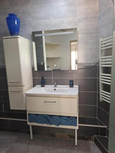 une salle de bain avec un lavabo et un miroir dans l'établissement Calanques de Sormiou, à Marseille
