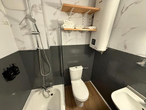 a bathroom with a shower and a toilet and a sink at Chez Eric Studio au coeur de Châtelet in Paris