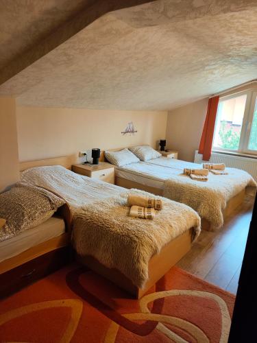 a bedroom with two beds and a large window at The Bird Villa in Bosnek