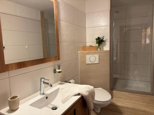 Un baño con lavabo, inodoro y ducha. en Siglhof am Pattenberg, en Bergen