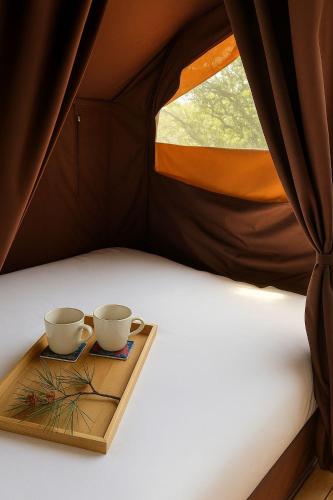 deux tasses sur un plateau sur un lit dans une tente dans l'établissement U Pinarellu, à Zonza