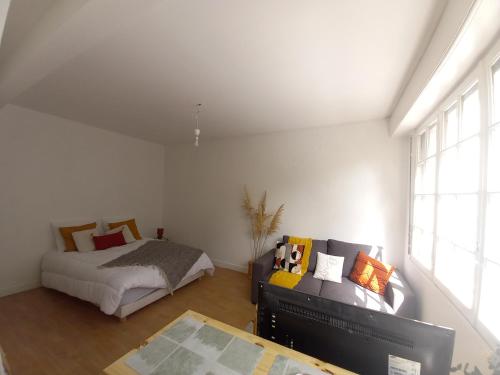 un salon avec un lit et un canapé dans l'établissement Studio avec jardin, à Talence