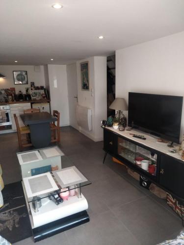 un salon avec une télévision à écran plat et une table dans l'établissement Maisonnette agréable, à Saint-Malo