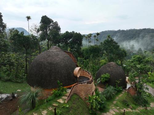 two huts in a field with trees and mountains at Toroland Munnar in Viripara
