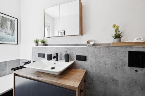 a bathroom with a white sink and a mirror at Hirschberg Living - zwischen Stadt und Natur in Sankt Wendel