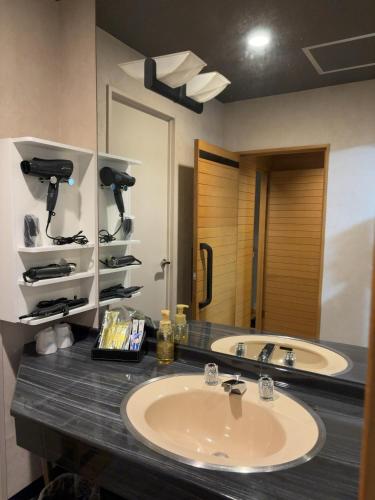 a bathroom with a sink and a large mirror at ウォーターゲート蟹江 レジャーホテル in Kanie