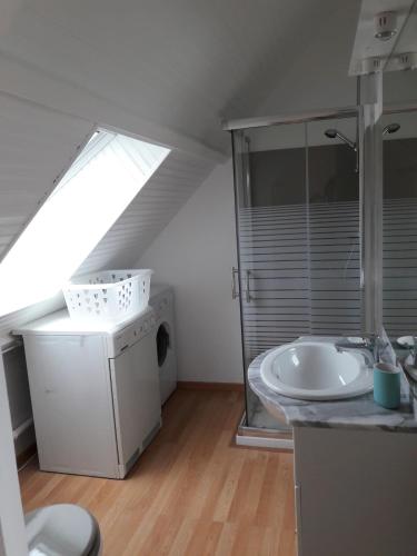 une salle de bain avec un lavabo et une machine à laver dans l'établissement Apartment close tonte sea, à Bénodet