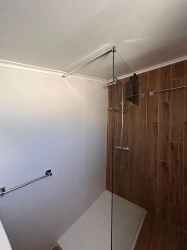 Un baño con ducha con puerta de cristal. en Ninho da Praia, en Baleal