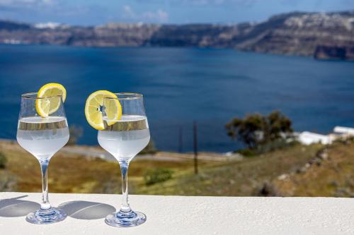 two glasses of white wine with a slice of lemon at Christina's Cozy Snuggery in Akrotiri