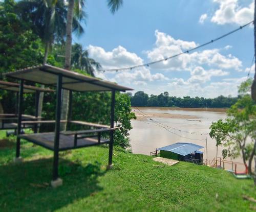 a view of a river with a boat in the grass at Rumah Rakit Bangau Parit Temerloh in Temerloh