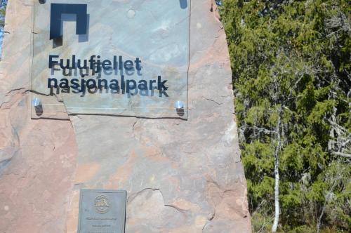 a sign on the side of a rock wall at 16 - Fulufjellets nasjonalparker - snø - alpint - langrenn - snøscooter in Ljørdal