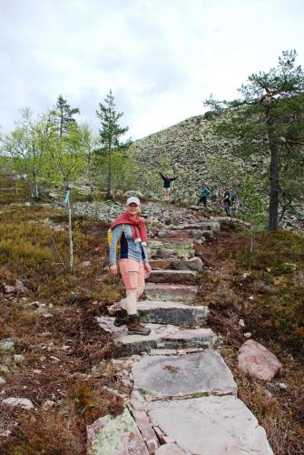 a woman walking down a stone path on a mountain at 16 - Fulufjellets nasjonalparker - snø - alpint - langrenn - snøscooter in Ljørdal