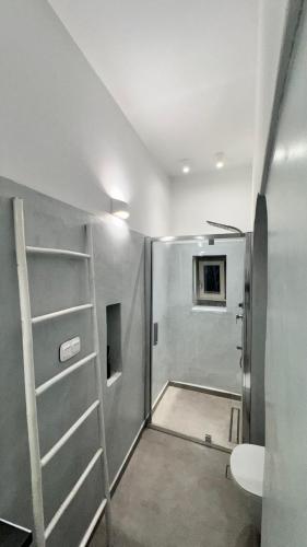 a bathroom with a shower with a toilet and a sink at Akro Astypalea in Astypalaia