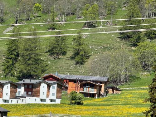a log home on a hill with a field of flowers at Chalet Breithorn- Perfect for Holiday with Amazing View! in Obergesteln