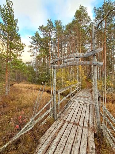 a wooden bridge in the middle of a field at Rutsbrogården in Rutån