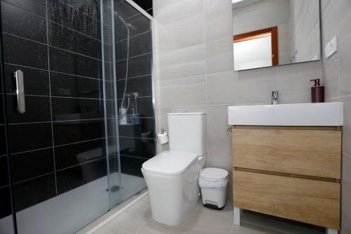 a bathroom with a toilet and a sink and a shower at Lar do Pazo in Barro