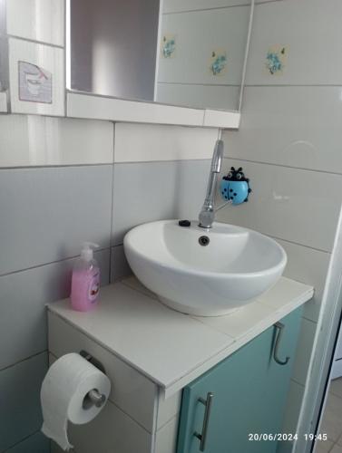 a bathroom with a sink and a roll of toilet paper at House on the wave relax in Koroni