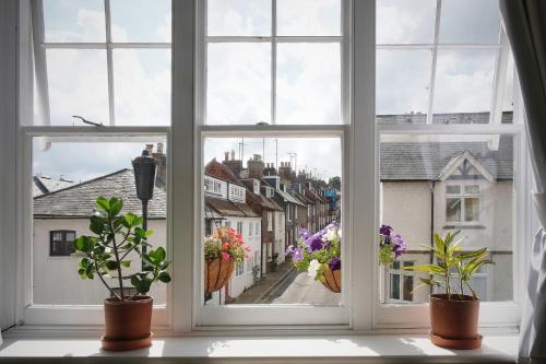 an open window with potted plants on a window sill at Fantastic 2BD Victorian Apt - 4 adults & 1 child in Lewes