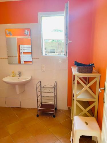 une salle de bain avec un lavabo et un miroir dans l'établissement Gites le Fabras, espace de verdure, piscine collective et jeux, à La Bâtie-Rolland