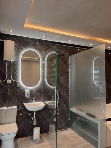 a bathroom with a sink and a toilet and a shower at Kengur Resort in Belgrade