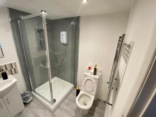 a bathroom with a shower and a toilet at Victoria Homes in Stoke on Trent