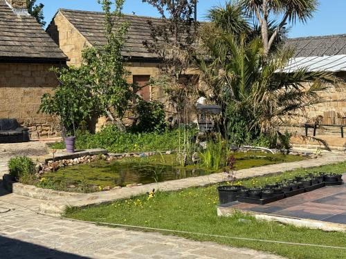 a garden with a pond in front of a building at Bethel Cottage in Oulton