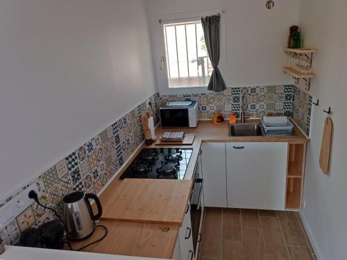 une petite cuisine avec une cuisinière et un micro-ondes dans l'établissement le studio du Chat qui Pêche, à Gruissan