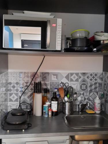 un comptoir de cuisine avec un évier et un micro-ondes dans l'établissement Location pour 4 personnes avec piscine, à Pessac