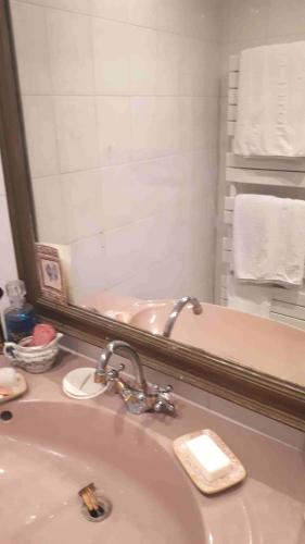 une salle de bain avec un lavabo et un grand miroir dans l'établissement Appartement château classé, site remarquable, 1chbre, à Salbris
