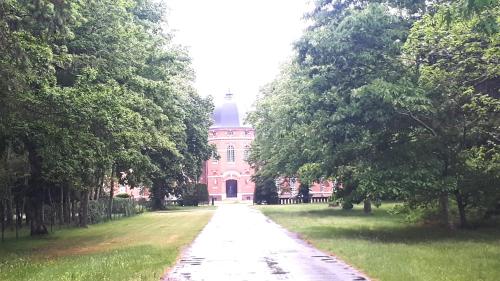 Un gran edificio rosa en medio de una calle. en Appartement château classé, site remarquable, 1chbre, en Salbris