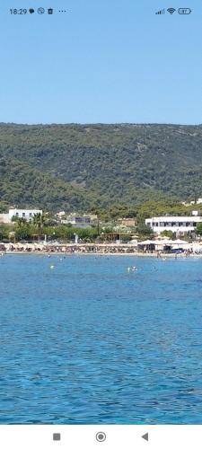 a large body of water with a beach in the background at Παραθαλασσιο στουντιο Μιχαλιας Sea view studio Michalias Νουμερο 8 in Agia Marina Aegina