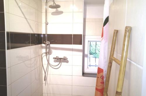 une douche dans une salle de bain avec une porte vitrée dans l'établissement Vue sur les montagnes, à Grignon