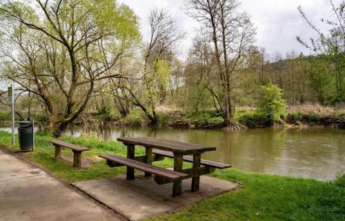 a picnic table in a park next to a river at Crossover lodge de la vallée in Durbuy