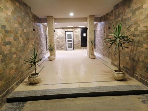 a hallway with two potted plants in a building at الساحل الشمالي. قريه جراند هيلز الكيلو60 in Dawwār ‘Abd Allāh