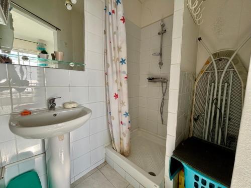 une salle de bain avec un lavabo et une douche dans l'établissement Canet Plage Très agréable T2 face à la mer, à Canet