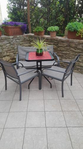 a patio table and chairs with a potted plant on it at La casa in giardino in Volterra