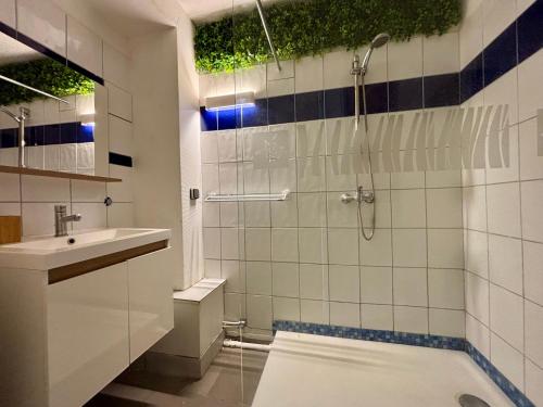 une salle de bain avec douche et lavabo dans l'établissement Studio rénové avec jardin proche de la plage, à Canet
