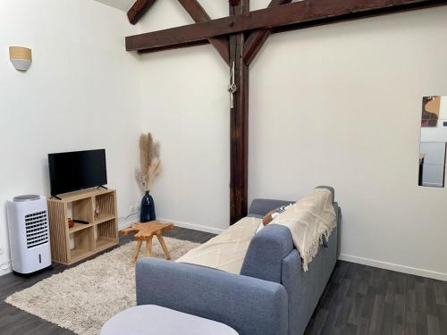 un salon avec un canapé bleu et une télévision dans l'établissement Le Nid de l'Artiste - Reims Cathedral City Center, à Reims