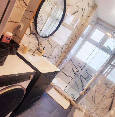 une salle de bain avec un lavabo et un miroir dans l'établissement Belle Epoque Bagtinolles, à Paris