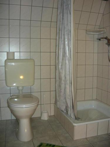 a bathroom with a toilet and a bath tub at Erika Pension in Keszthely