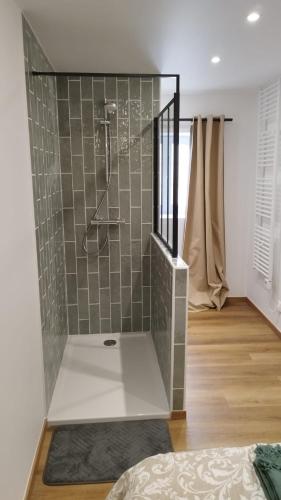 Un baño con ducha con pared de azulejos. en Bianca, en Caen