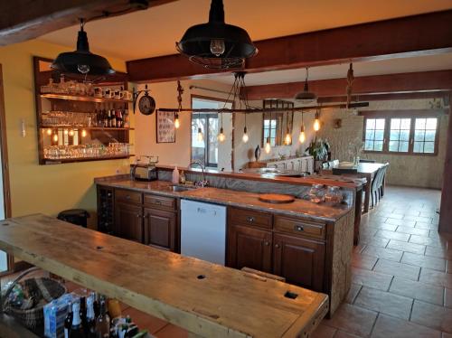 une grande cuisine avec des armoires en bois et un comptoir dans l'établissement La mini ferme avec piscine, à Mailhoc