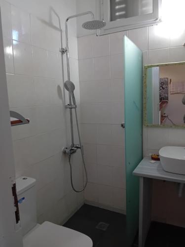 a bathroom with a shower with a toilet and a sink at Villa Krini in Skiathos Town