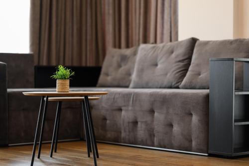 a living room with a couch and a table at Luxury Apartments Babyak in Uzhhorod