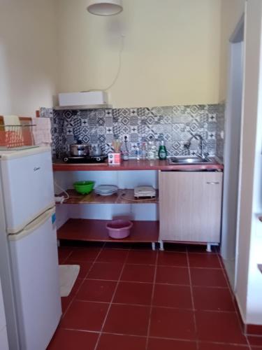 a kitchen with a sink and a red tile floor at Villa Krini in Skiathos Town