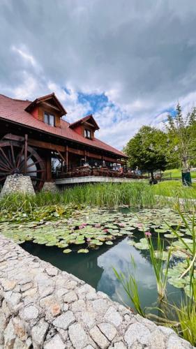a house with a pond with lilies in front of it at Kúpeľný mlyn Bojnice in Bojnice