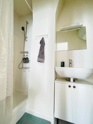 une salle de bain blanche avec un lavabo et une douche dans l'établissement Bonjour Paris - Entire Apartment in Clichy, à Clichy