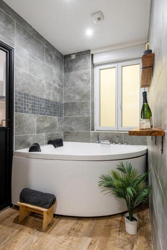 La salle de bains est pourvue d'une baignoire blanche et d'une plante. dans l'établissement Terrasse et balnéo au cœur de Monplaisir, à Lyon