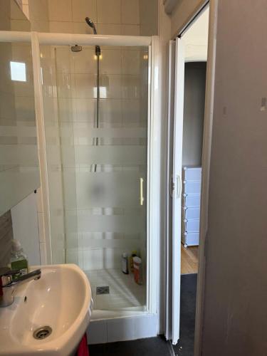 une salle de bain avec douche et lavabo dans l'établissement Chez Rami - Charmant T3 - Rue Jacoby, à Beauvais