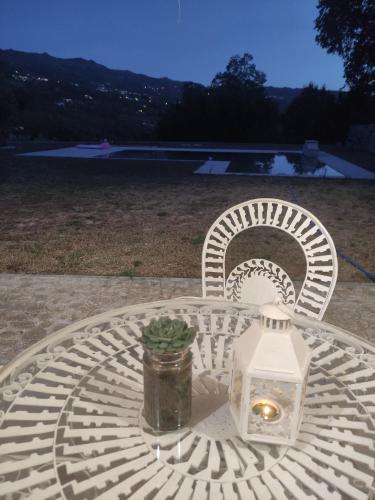 a white table with a candle and a plant on it at Retiro Maria Idalina in Amarante